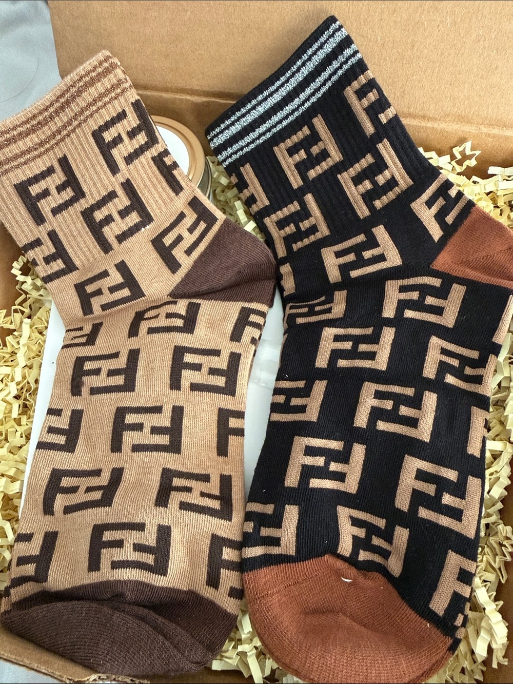 Designer women 's Logo Crew Socks - Black & Tan